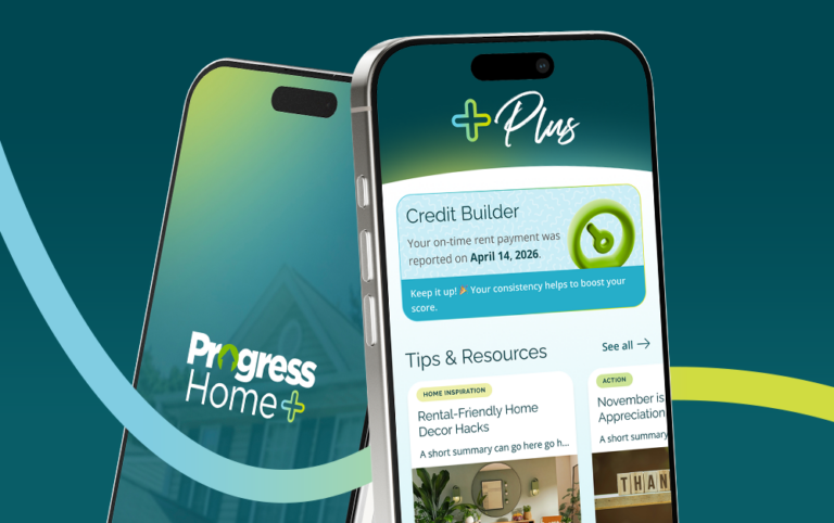 A smartphone showing the +Plus experience in Progress Residential’s Progress Home+ app, with resident content and updates.