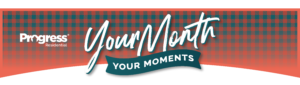 Progress Residential Resident Appreciation Month banner featuring a red and teal plaid background, the Progress Residential logo on the left, and the text “Your Month” in large white script above a teal ribbon displaying “YOUR MOMENTS.” The design includes a curved white accent along the bottom